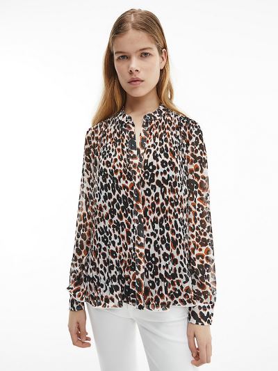 Calvin Klein Ruhák HU848307 | Calvin Klein Chiffon Pleated Printed Női Blúz Fehér / Fekete / Leopárd